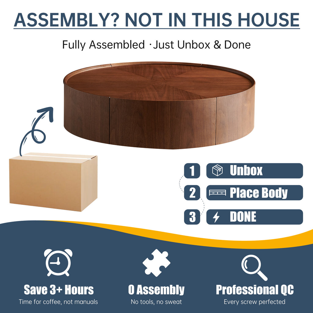 Circular Walnut Coffee Table – Modern Round Wood Center Table for Living Room, Bedroom & Office