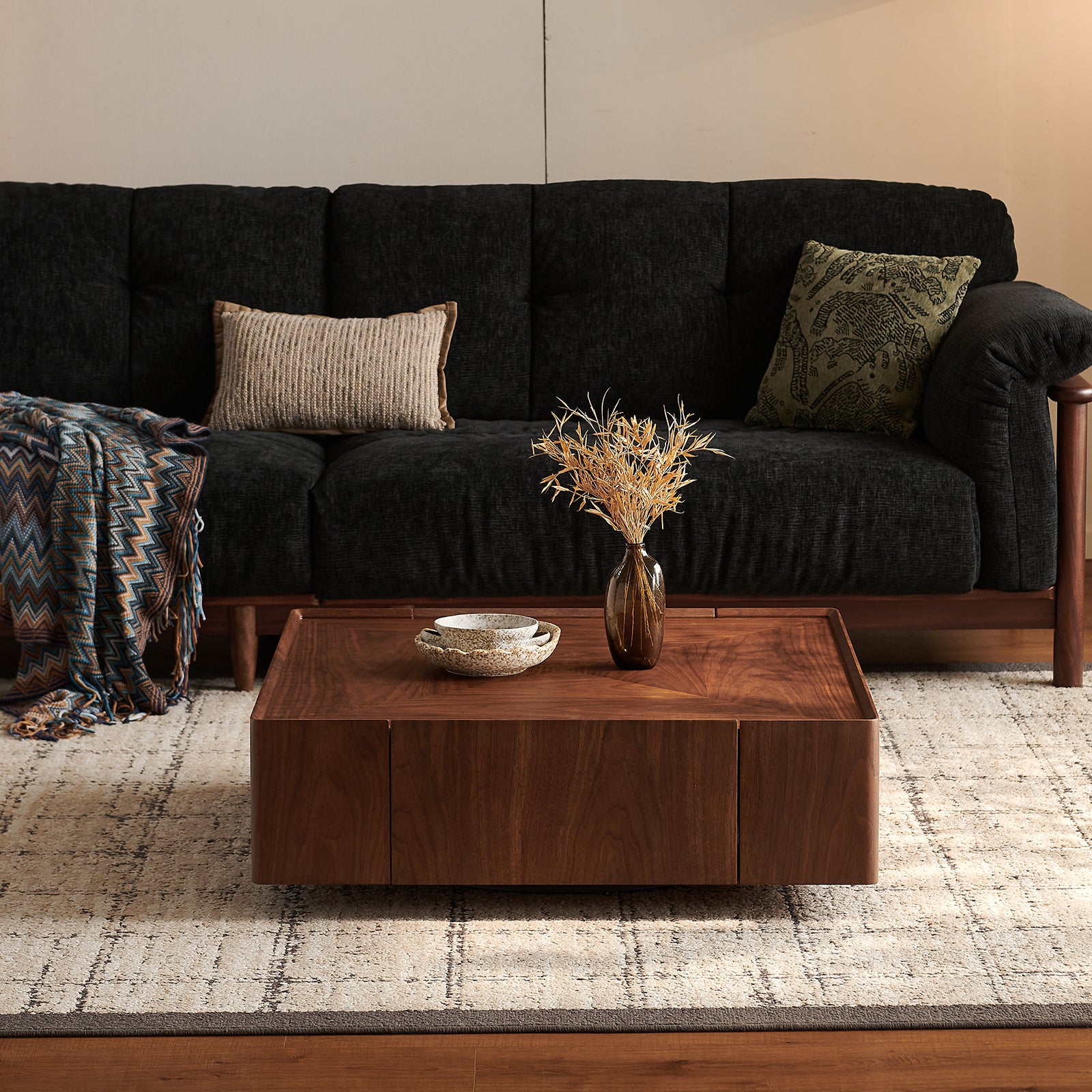 coffee table, square walnut wood design, suitable for living room. Walnut wood material, suitable for bedroom, living room and office