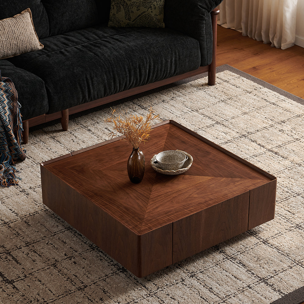 35-Inch Modern Square Coffee Table with Storage | Walnut Finish MDF Table | Dual Drawers Living Room Center Table
