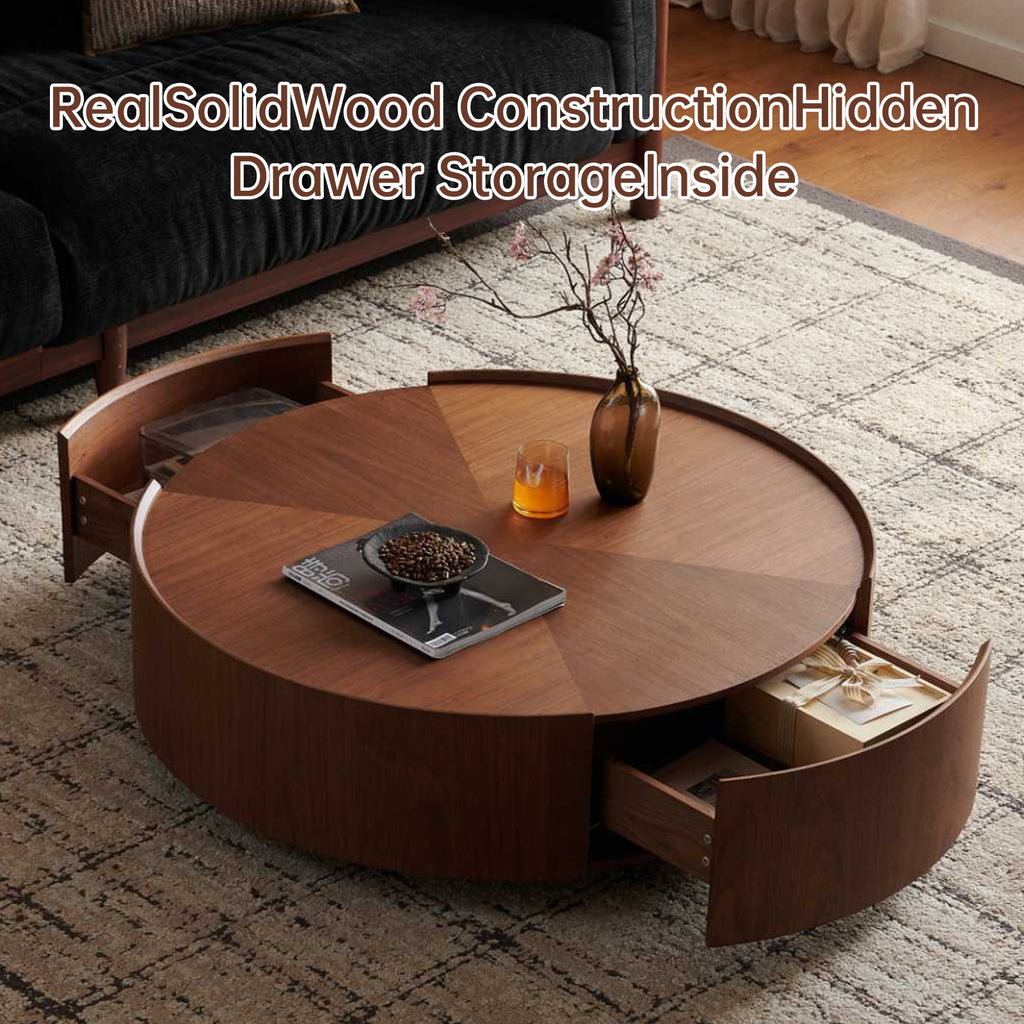 Circular Walnut Coffee Table – Modern Round Wood Center Table for Living Room, Bedroom & Office