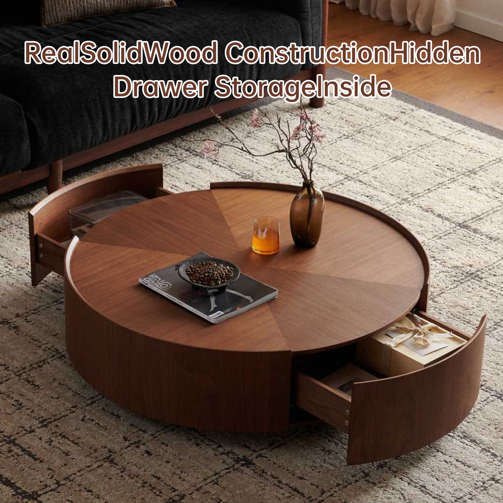 Circular Walnut Coffee Table – Modern Round Wood Center Table for Living Room, Bedroom & Office