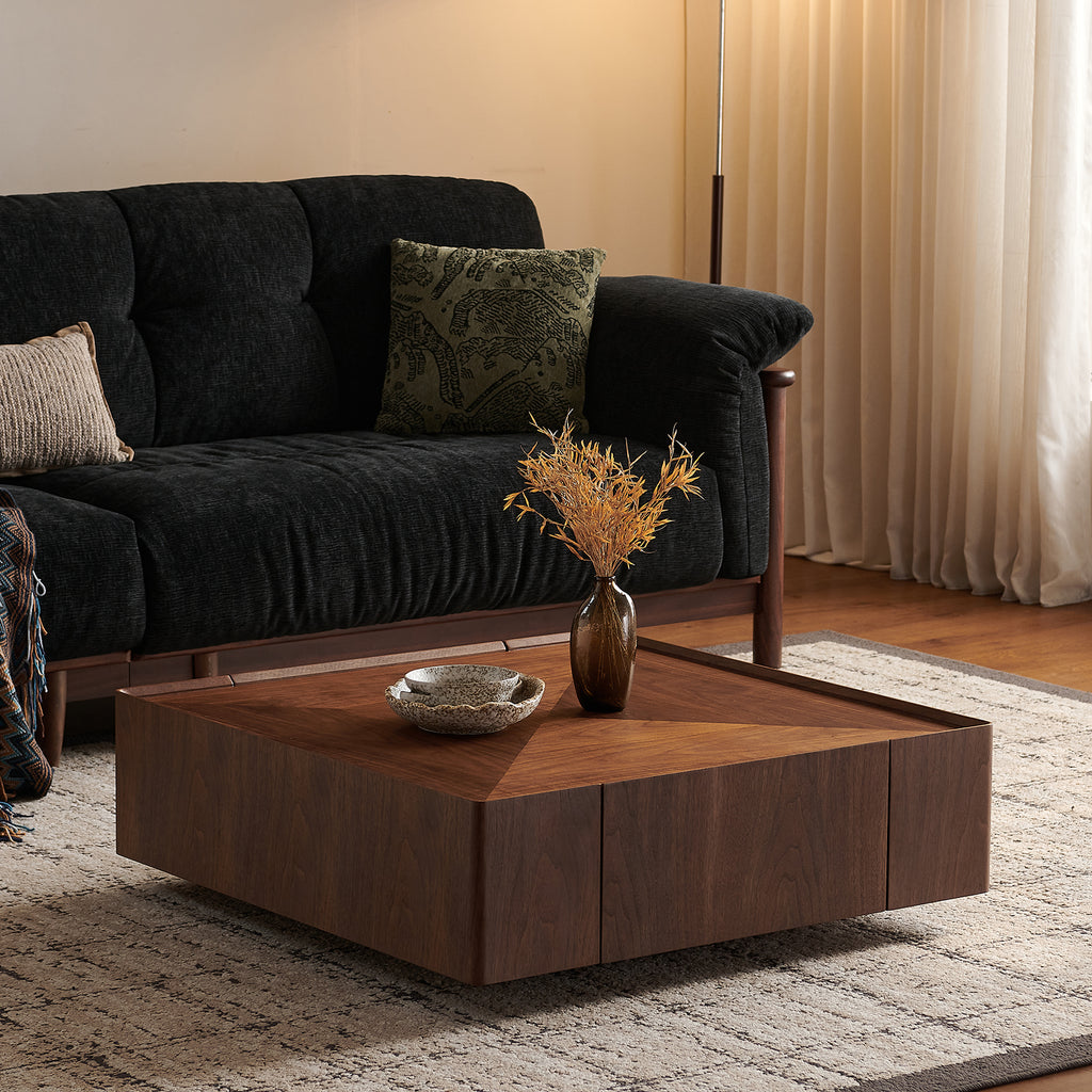 35-Inch Modern Square Coffee Table with Storage | Walnut Finish MDF Table | Dual Drawers Living Room Center Table