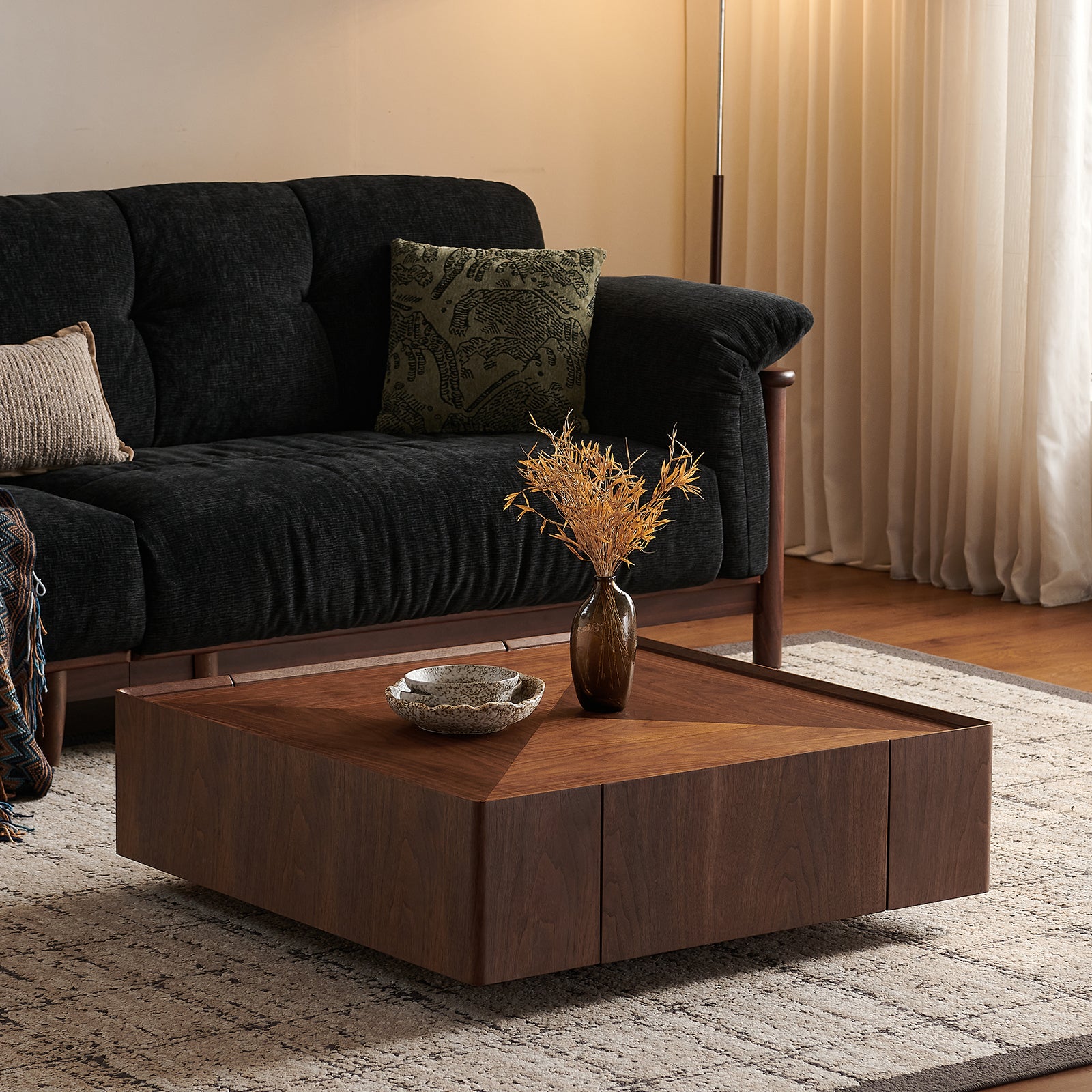 coffee table, square walnut wood design, suitable for living room. Walnut wood material, suitable for bedroom, living room and office