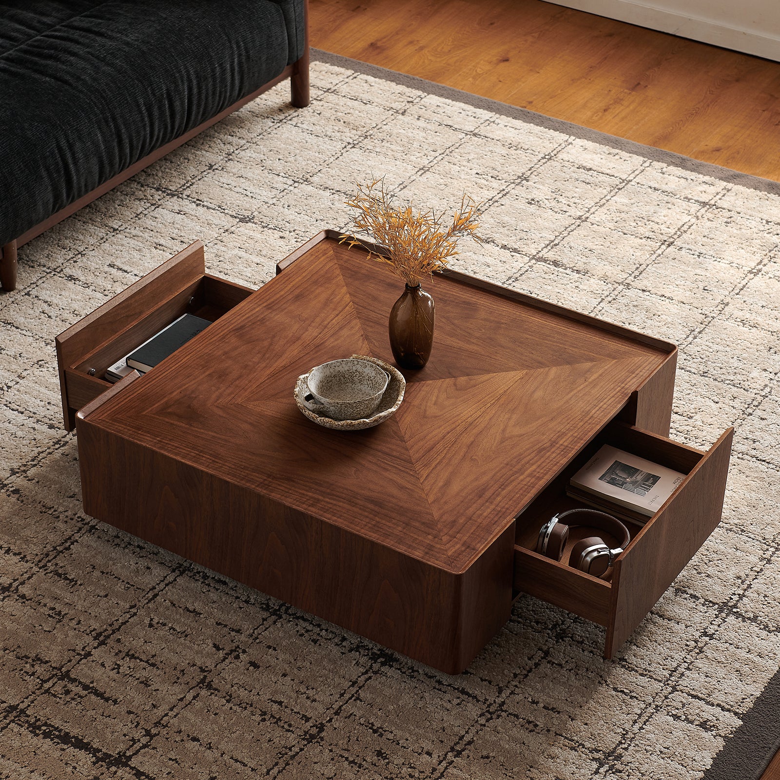 coffee table, square walnut wood design, suitable for living room. Walnut wood material, suitable for bedroom, living room and office