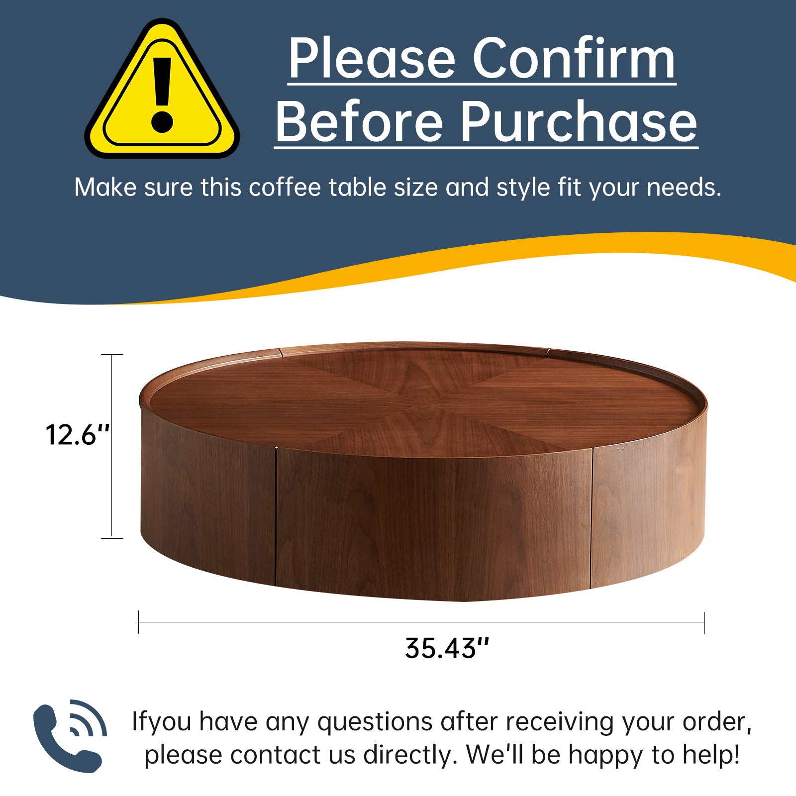 Circular Walnut Coffee Table – Modern Round Wood Center Table for Living Room, Bedroom & Office