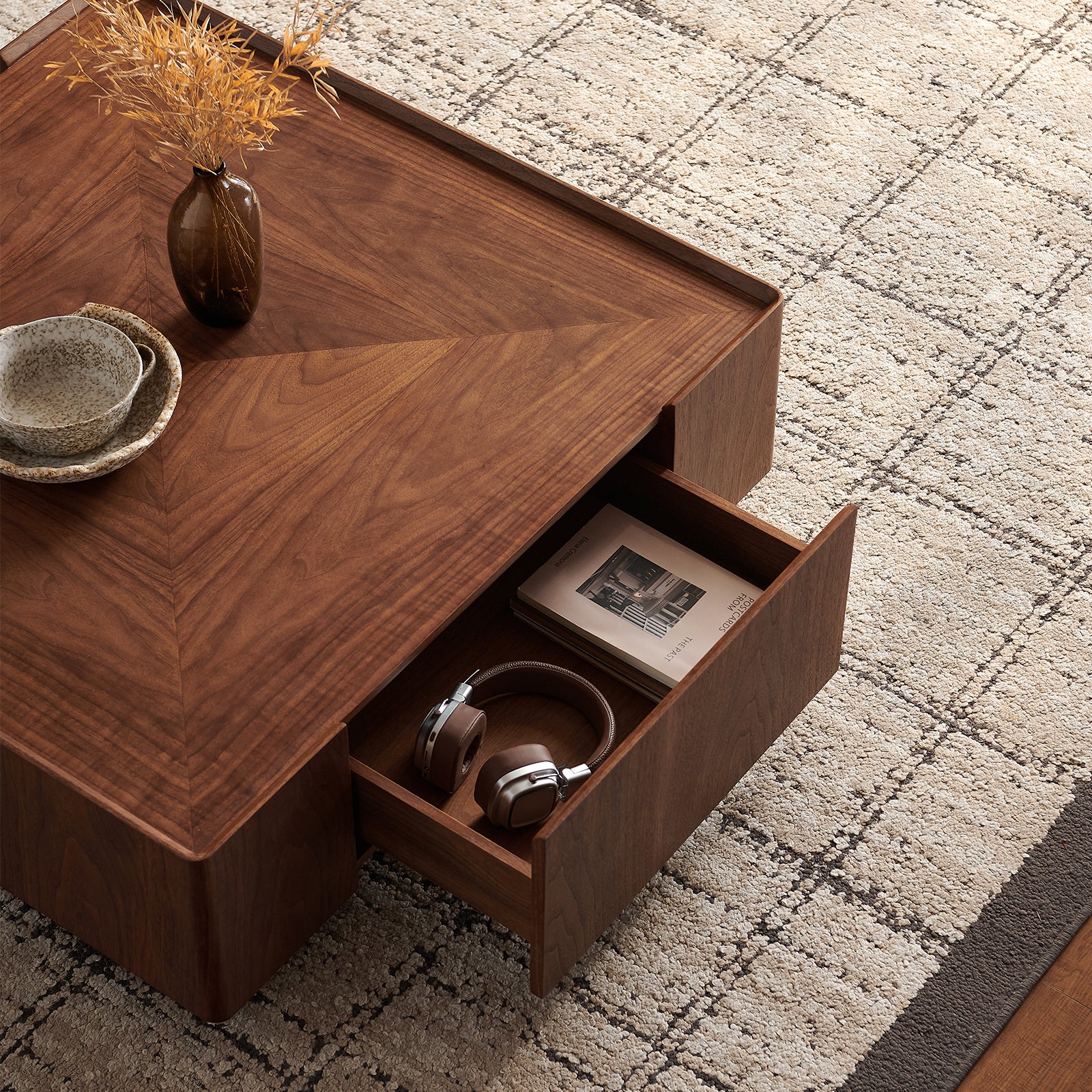 coffee table, square walnut wood design, suitable for living room. Walnut wood material, suitable for bedroom, living room and office