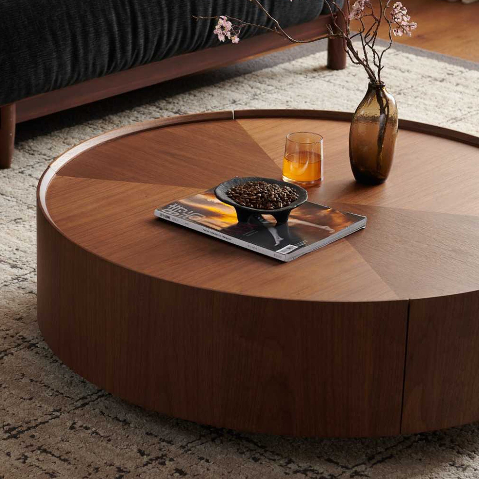 Circular Walnut Coffee Table – Modern Round Wood Center Table for Living Room, Bedroom & Office