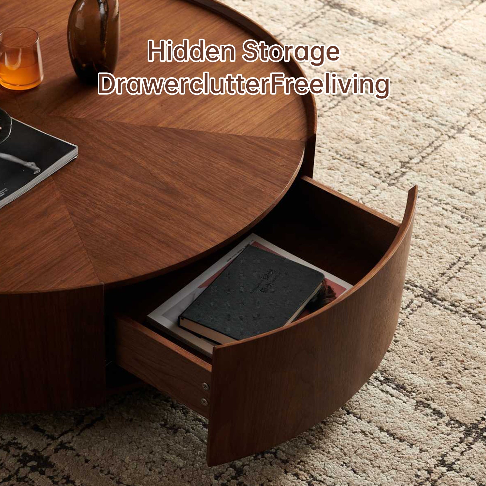 Circular Walnut Coffee Table – Modern Round Wood Center Table for Living Room, Bedroom & Office