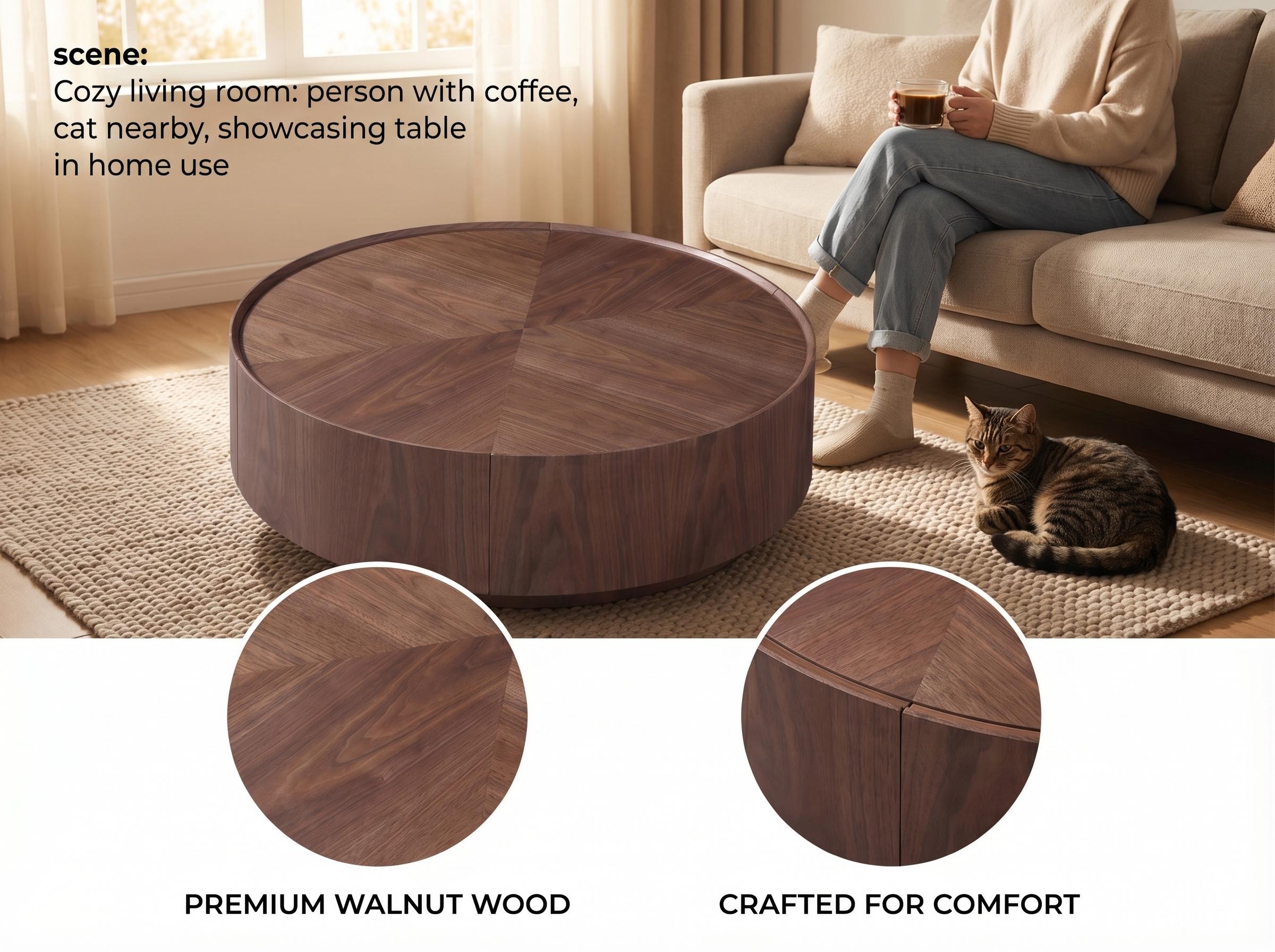 39.3-inch Modern Round Walnut Coffee Table, Solid Wood Drum Coffee Table with Hidden Storage, Mid-Century Living Room Accent Table