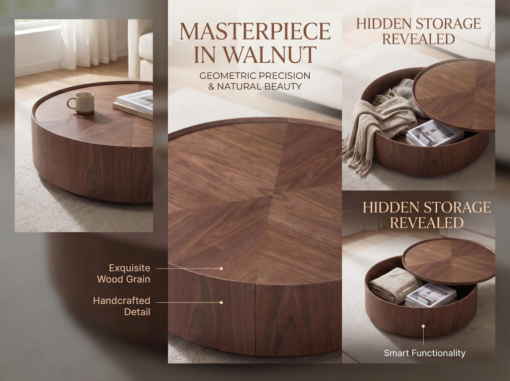 39.3-inch Modern Round Walnut Coffee Table, Solid Wood Drum Coffee Table with Hidden Storage, Mid-Century Living Room Accent Table