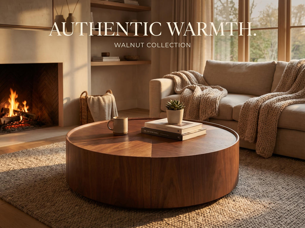 39.3-inch Modern Round Walnut Coffee Table, Solid Wood Drum Coffee Table with Hidden Storage, Mid-Century Living Room Accent Table