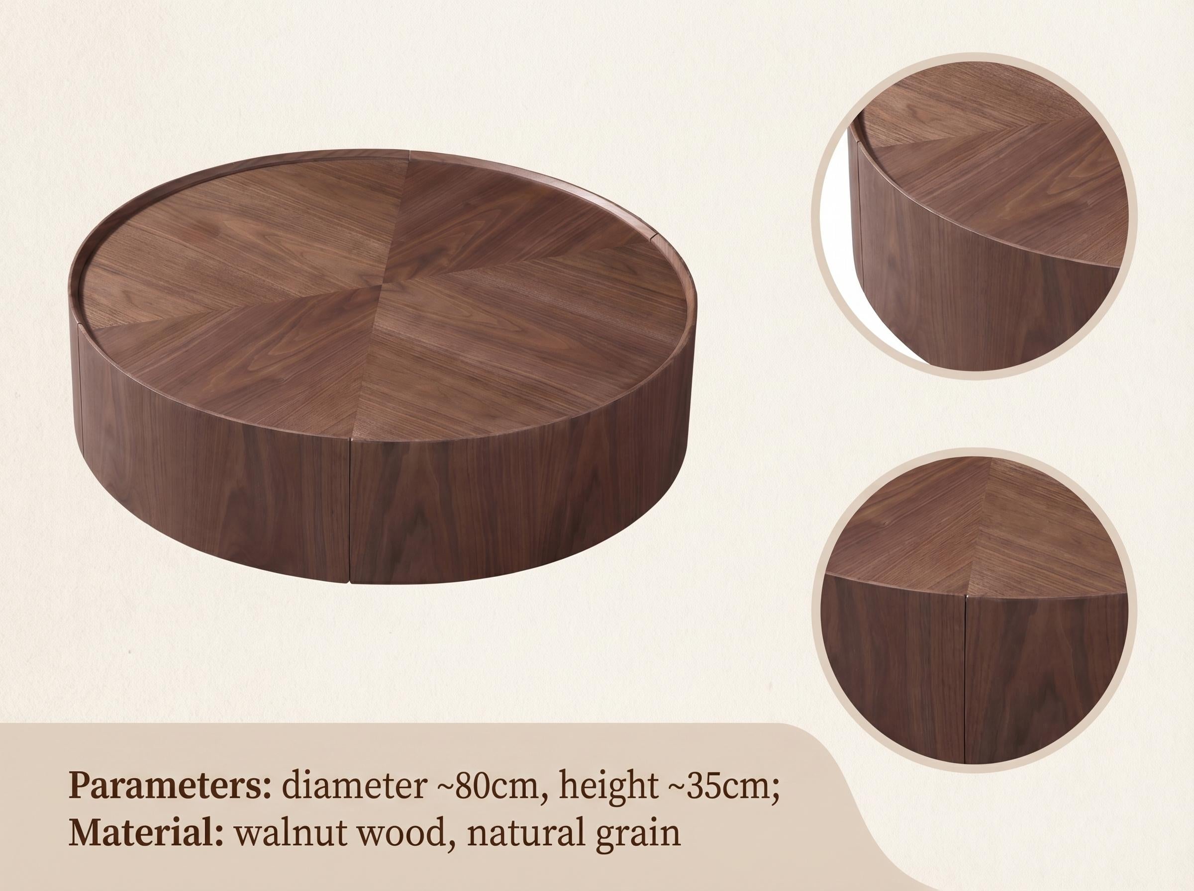 39.3-inch Modern Round Walnut Coffee Table, Solid Wood Drum Coffee Table with Hidden Storage, Mid-Century Living Room Accent Table