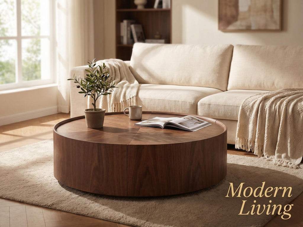 39.3-inch Modern Round Walnut Coffee Table, Solid Wood Drum Coffee Table with Hidden Storage, Mid-Century Living Room Accent Table