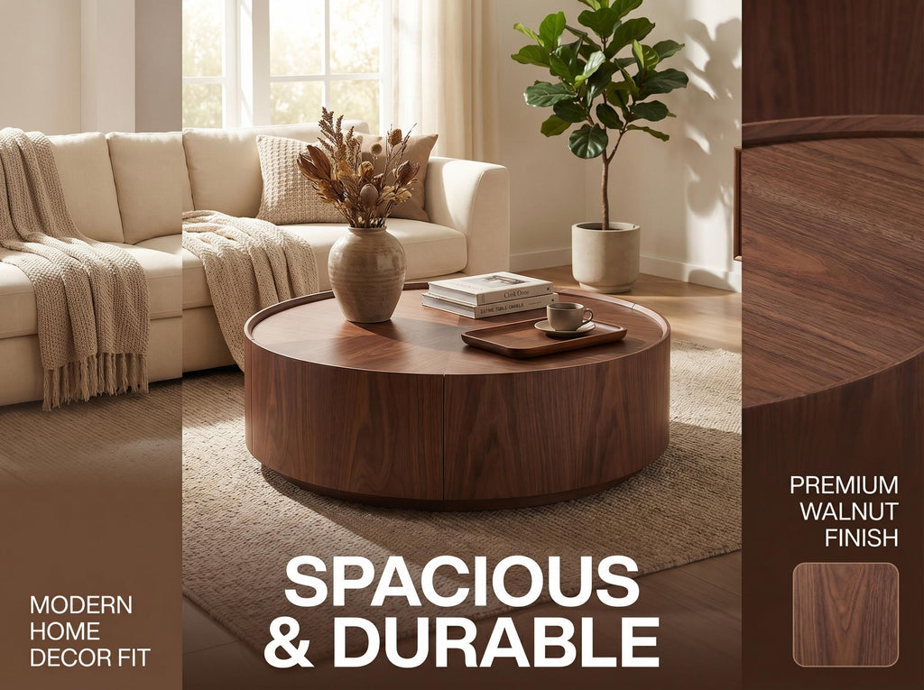 39.3-inch Modern Round Walnut Coffee Table, Solid Wood Drum Coffee Table with Hidden Storage, Mid-Century Living Room Accent Table