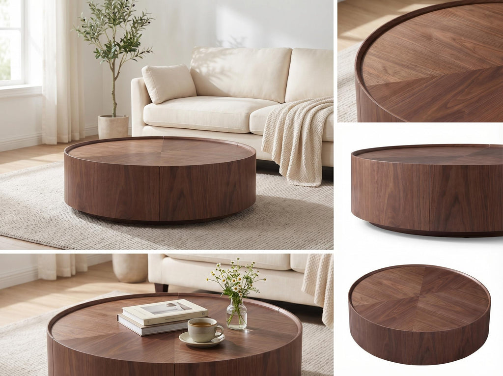 39.3-inch Modern Round Walnut Coffee Table, Solid Wood Drum Coffee Table with Hidden Storage, Mid-Century Living Room Accent Table